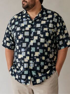 Nat Nast Luxury Originals XXL 100% Silk Geometric Button-Up Shirt